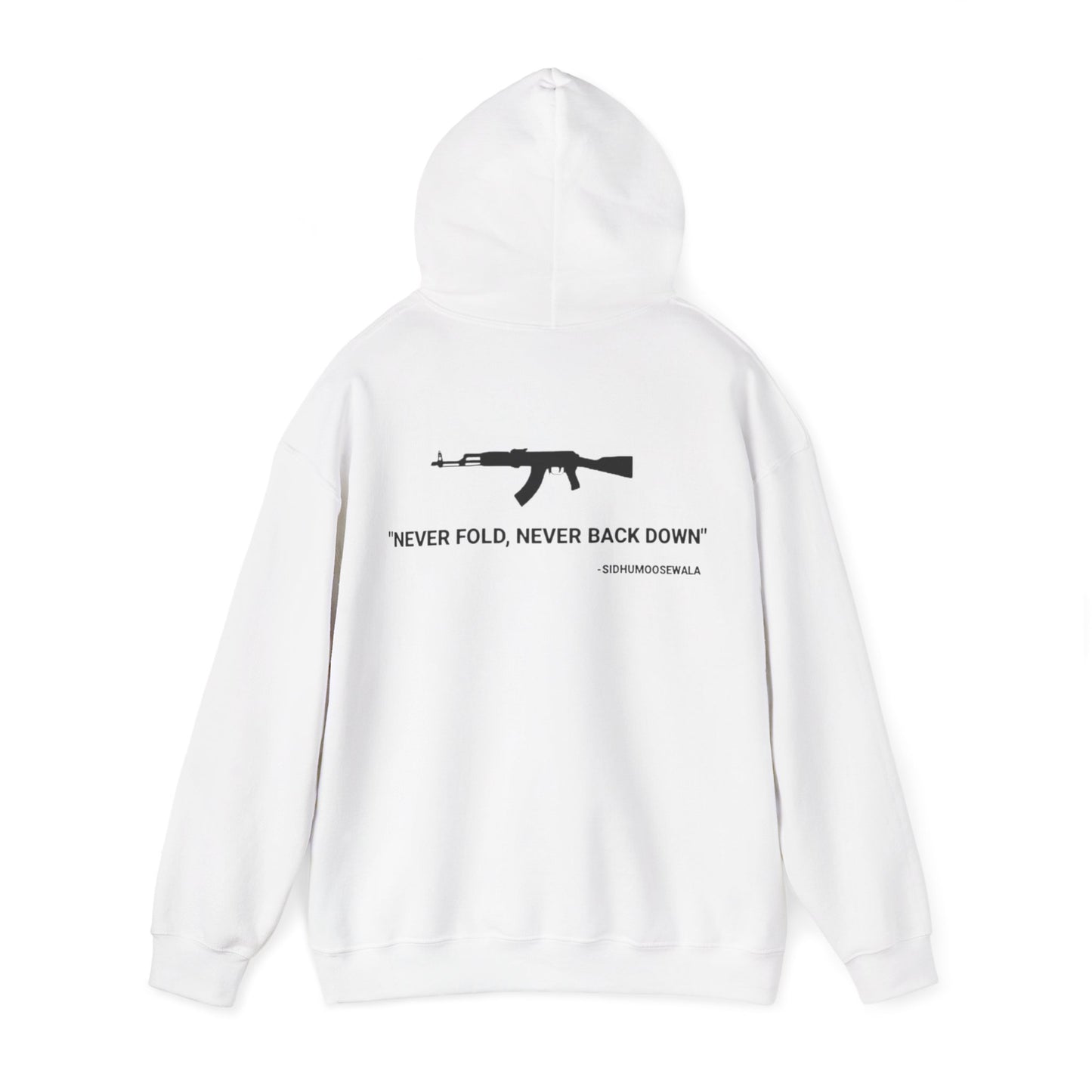 Sidhu Moosewala Hoodie – “Never Fold, Never Back Down” Graphic Pullover