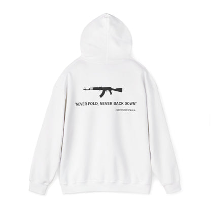 Sidhu Moosewala Hoodie – “Never Fold, Never Back Down” Graphic Pullover