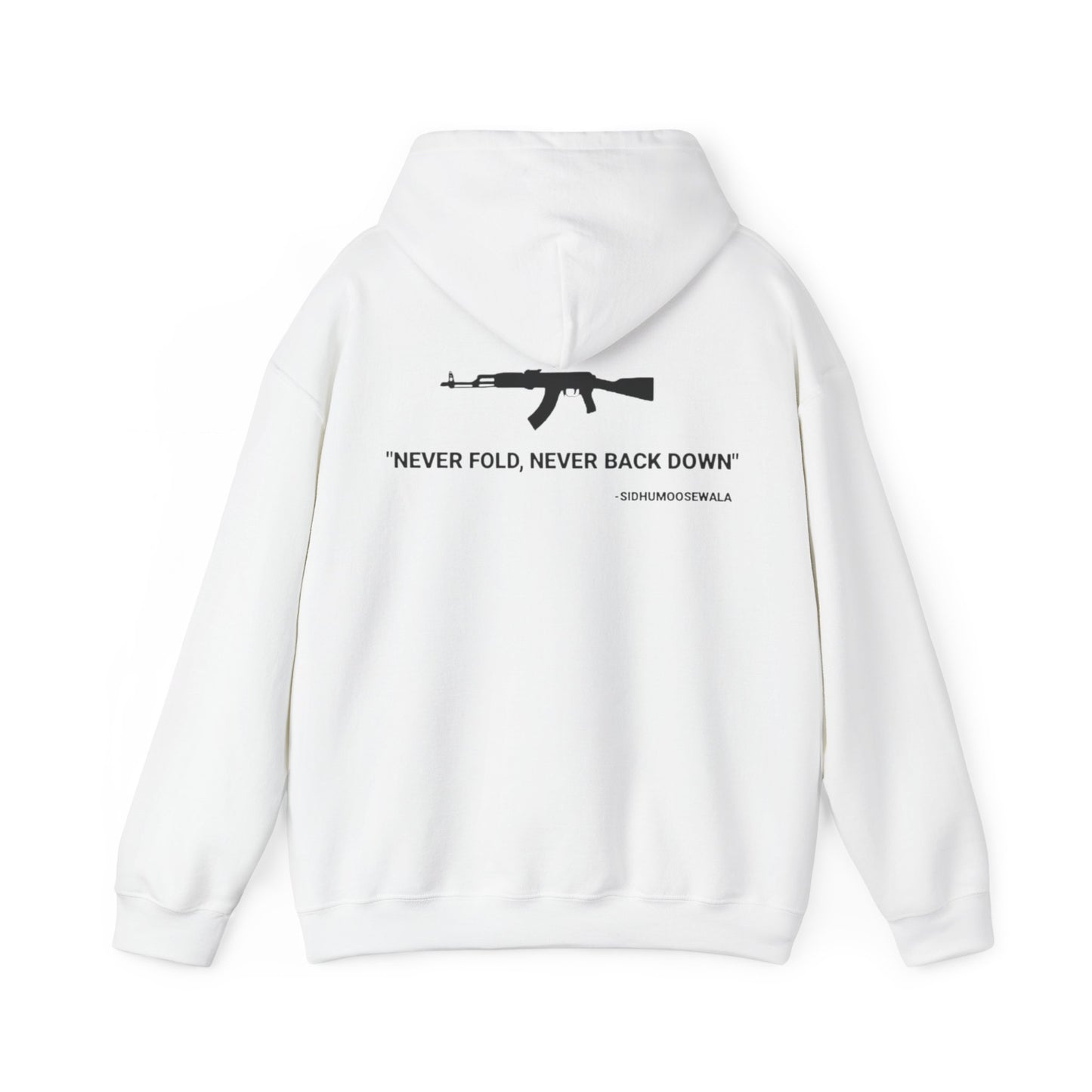 Sidhu Moosewala Hoodie – “Never Fold, Never Back Down” Graphic Pullover