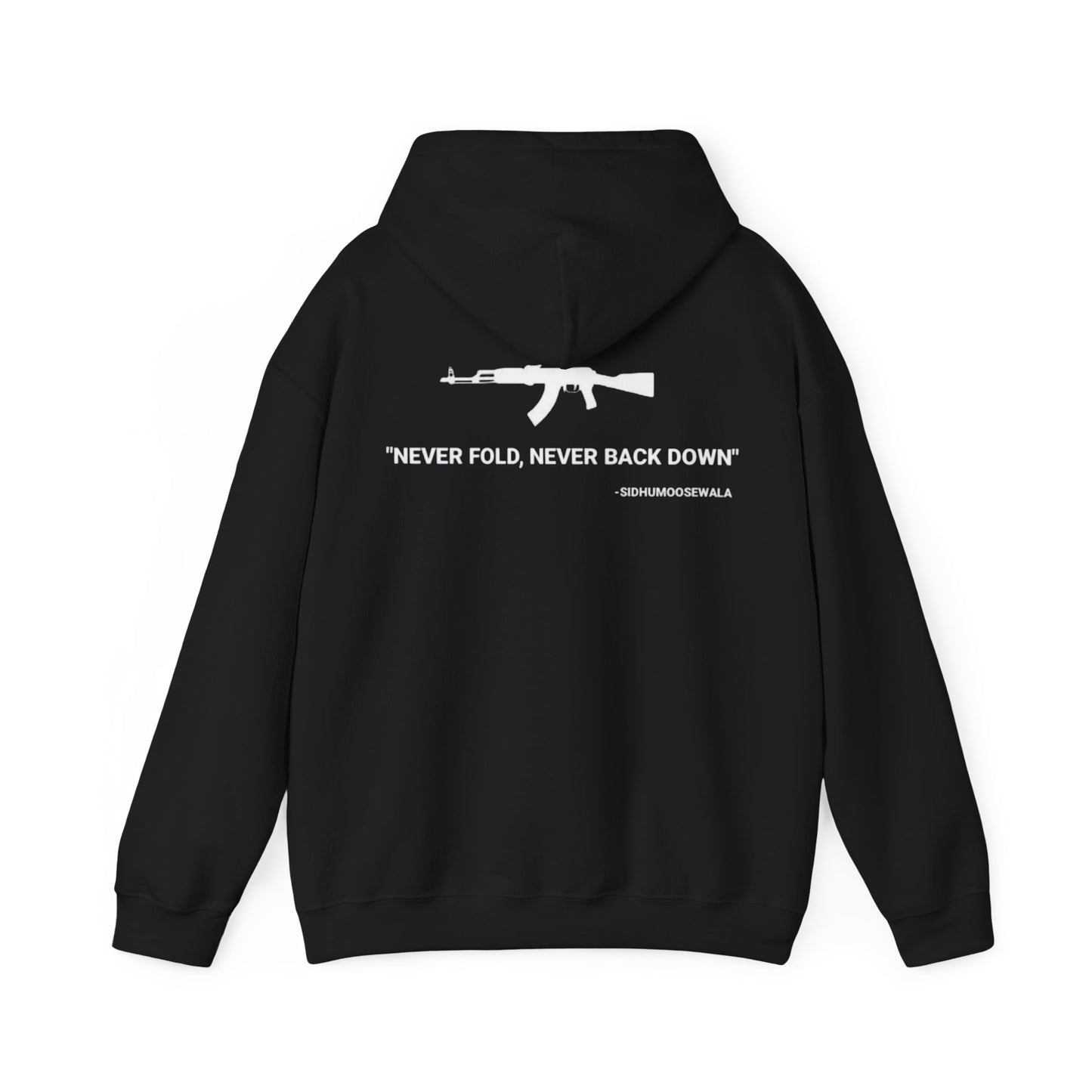 Sidhu Moosewala Hoodie – “Never Fold, Never Back Down” Graphic Pullover