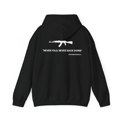 Sidhu Moosewala Hoodie – “Never Fold, Never Back Down” Graphic Pullover